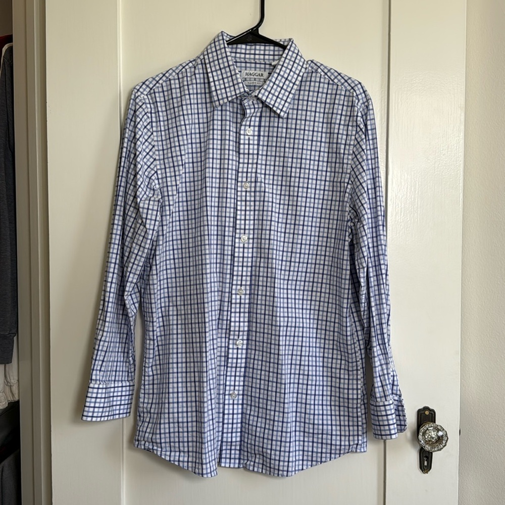 Haggar Blue Plaid Classic Fit Dress Shirt Men’s 15–15½ 32/33